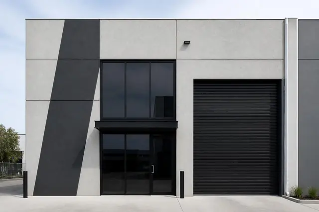 Close view of a single tenancy: diagonal charcoal feature panel, glazed office entry with awning, and the full-height roller shutter door serving the warehouse floor.