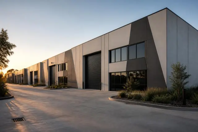 Late-afternoon view along the BE22 frontage, showing the light grey and charcoal precast panels, diagonal feature panels and black-framed tinted glazing that run across the estate.