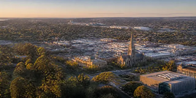 Bendigo's skyline at golden hour — a regional city of more than 120,000 people and the commercial anchor for central Victoria.